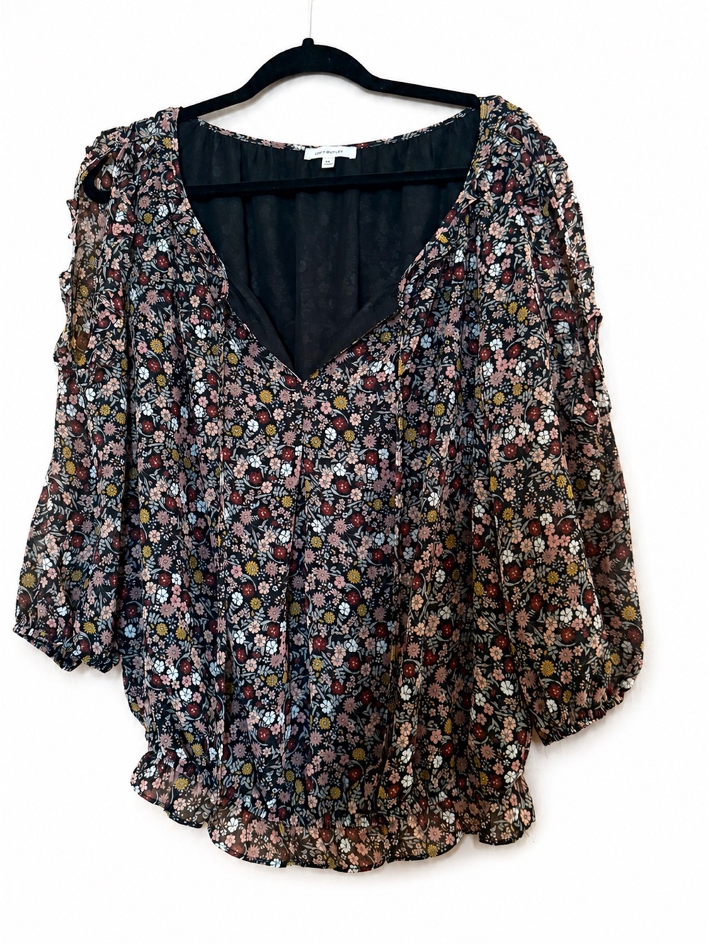 Max Studio Black Floral V-Neck Peasant Blouse